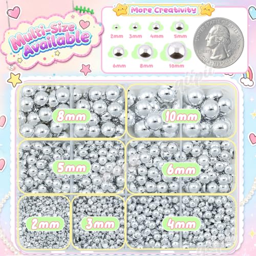 qiipii 2-10mm Shiny Silver Flatback Half Pearls Nail Charms Half Round Gems - color: Silver, size: AB Coating Half Pearls