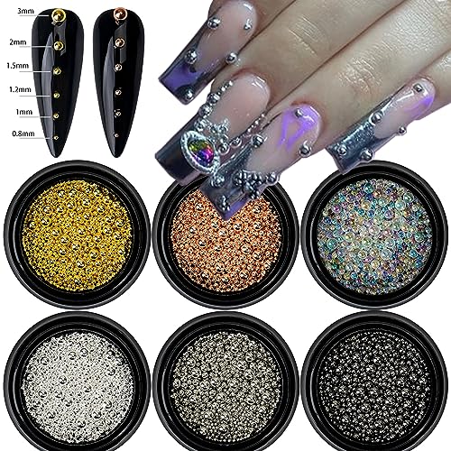 Nail Art Beads - Multiple Sizes, 6 Boxes, Gold, Silver, Rose, Gold, AB Nail Bubble Caviar Beads for Nail Art - color: Nail Beads