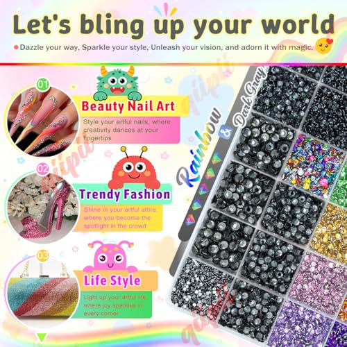qiipii 28 Grids 2mm-6mm Black Crystal Resin Rhinestones w B7000 Glue for Bedazzling Crafting Colorful Flatback Stones Black Diamonds Gems Bedazzler Kit for Nails Face Eyes Makeup Tumblers DIY Crafts - color: Gray, size: Crystal