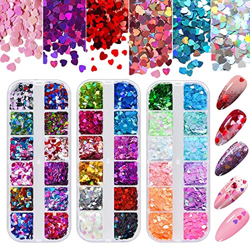 Kalolary 36 Boxes 3D Heart Nail Art Sequins Glitter, Colorful Heart Shaped Nail Glitter Sequins Acrylic Paillettes, Holographic Nail Sparkle Glitter for Valentine's Day - color: Heart