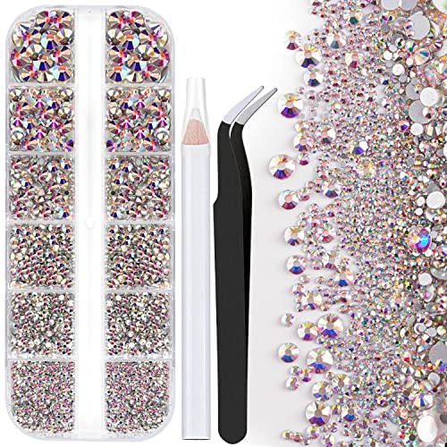 One Pack 2000 Pcs of Flatback Round AB Crystal Rhinestones 6 Sizes (1.5-6 mm) with Nail Art Rhinestone Picker Pencil and Tweezer for DIY and Salon Use - color: 1 Pack - AB