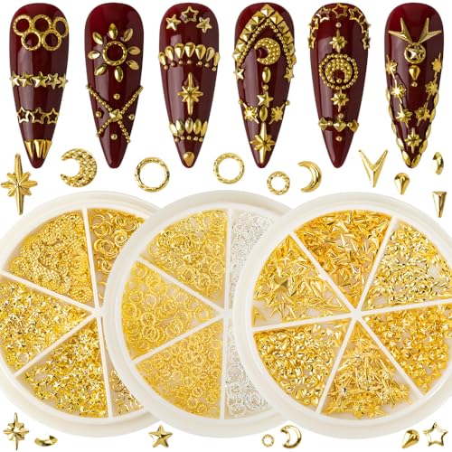 3D Nail Charms - Gold Star, Moon, Multiple Shape Gem, 3 Boxes, Metal Nail Decoration Studs, for Nail Art - color: Metal Studs