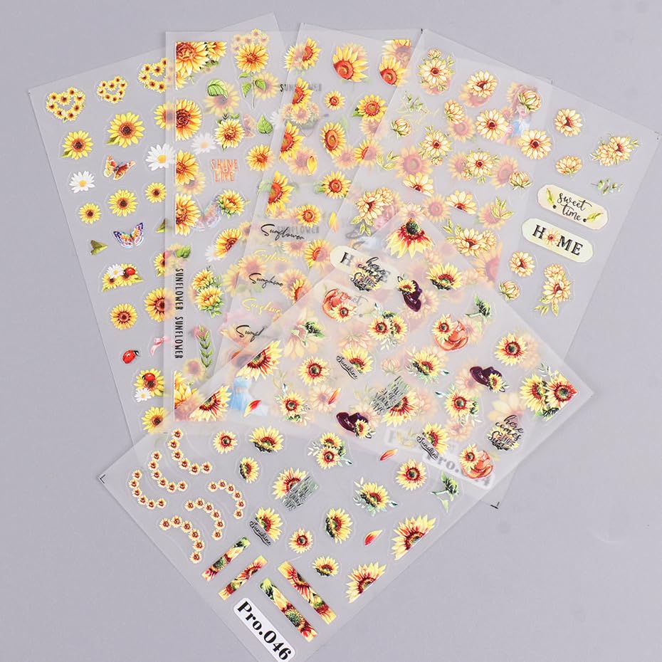 5 Sheets SunflowerNail Stickers for Nail Art, 5D Self-Adhesive Nail Decals - color: Sunflower