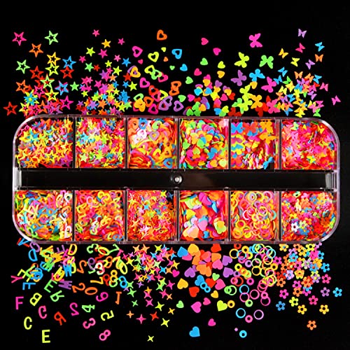 Luminous Nail Art Sequins, Fluorescent 3D Nail Glitter Flakes Design, Butterfly Flowers Stars Heart Letters Nail Decorations Holographic Acrylic Supplies Accessories False Nails Manicure Confetti Kit