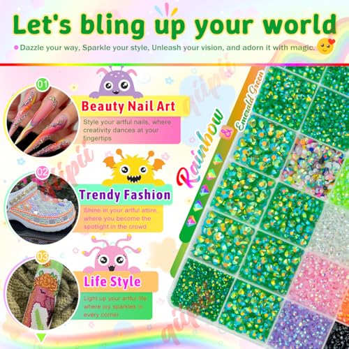 qiipii Emerald Green AB Resin Rhinestones w B7000 Glue for Crafting Bedazzling 2-6mm Flatback Colorful Jelly Stones Diamonds Gems Bedazzler Kit for Nails Face Eyes Makeup Tumblers Bottles Crafts Shoes - color: Emerald Green, size: Jelly