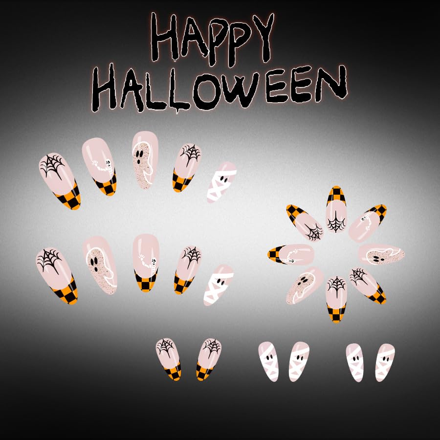 24Pcs Halloween Press on Nails Medium Almond Glossy Fake Nails Ghost Nail Press Ons with Glitter Design Plaid French Tip False Nails Ghost Skull Glue on Nails Spider Web Stick on Nails Nail for Women - color: Halloween01