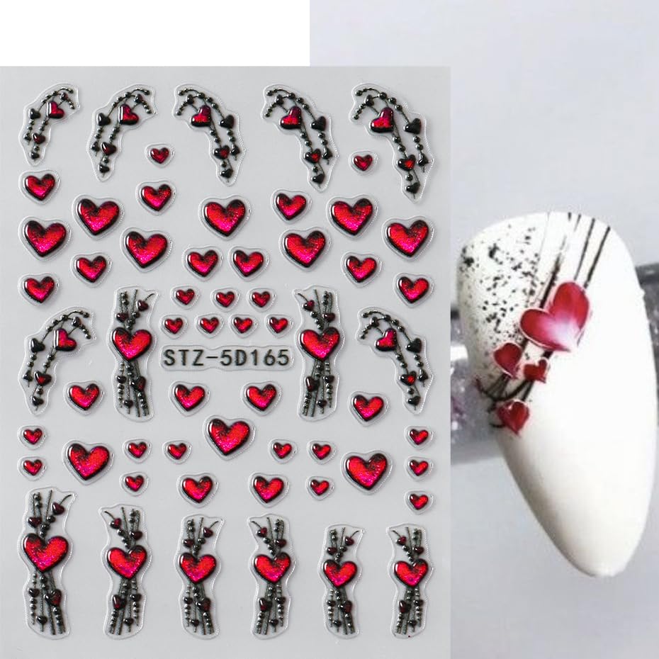 5D Valentine’s Day Nail Art Stickers 5D Embossed Pink Glitter Heart Nail Decals 2PCS Love Hearts Self-Adhesive Valentines Nail Art Decorations Supplies Heart Line Design Manicure Sliders for Women - style: glitter jelly heart line