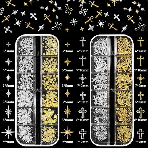 Gold Silver Caviar Nail Beads, 3D Starburst Chain Cross Nail Charms - color: S2
