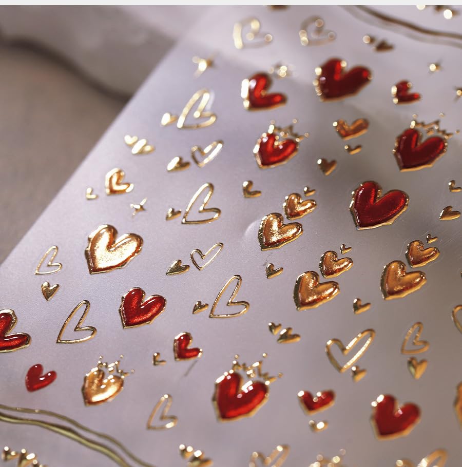 1 Sheet 5D Embossed Gold Star Nail Stickers Red Heart Moon Nail Art Stickers Valentines Day Nail Decals Love Sticker Valentines Day Gold Hearts Nail Supplies for Women DIY Acrylic Nails Decoration - style: red relief heart