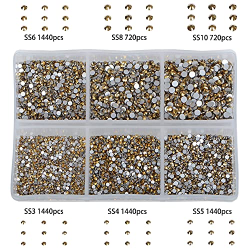 Bymitel 7200 Pieces 6 Mixed Sizes Glue Fix on Glass Rhinestones Round Crystal Gems Flatback for DIY Jewelry Making with one Picking Pen (6-Sizes 7200PCS, Aurum) - color: Aurum, size: 6-SIZES 7200PCS