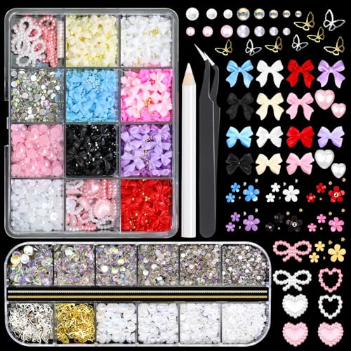 RODAKY Assorted Nail Charms and Flatback Pearls Gems Set,Pink White Bow Charm for Nail Art Designs,Cute 3D Flower for Nail with Rhinestones,Half Pearls for Nail Jewelry DIY Crafts Nail Art Decoration - color: Set 02 - 2 Boxes Nail Art Decos