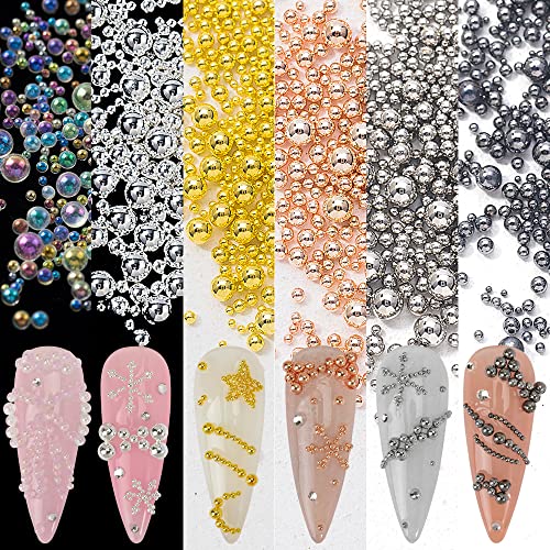 Nail Art Beads - Multiple Sizes, 6 Boxes, Gold, Silver, Rose, Gold, AB Nail Bubble Caviar Beads for Nail Art - color: Nail Beads