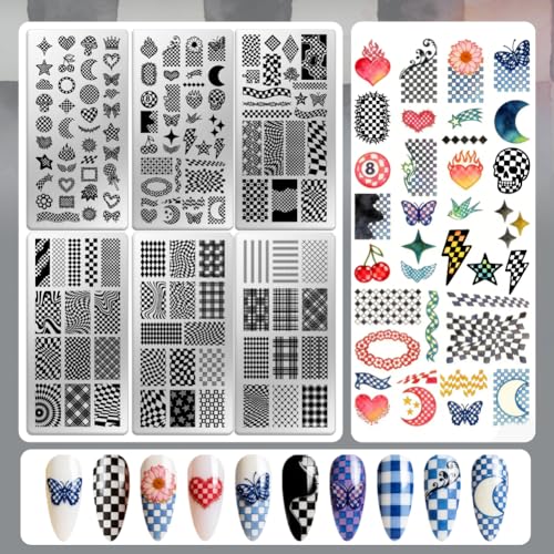6 Sheets Nail Stamping Plate Minimalist Nail Art Stamp - color: Checkerboard