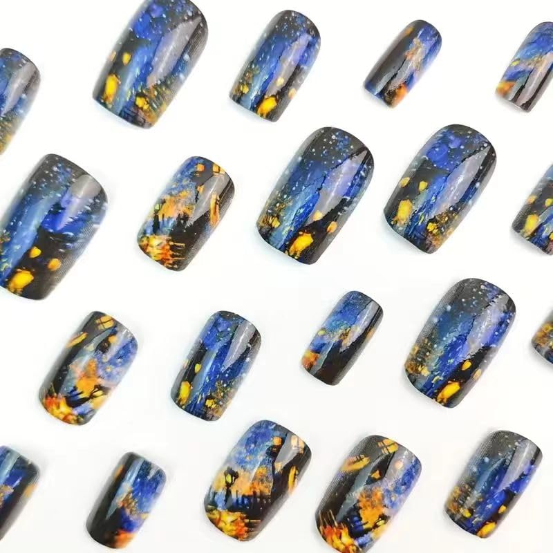24Pcs Press on Nails Halloween Short Colorful Halation Fake Nails Full Cover Glossy Reusable Square False Nails for Women Blue Halloween Glue on Nails Holiday Manicure Kit - color: Halloween style 33