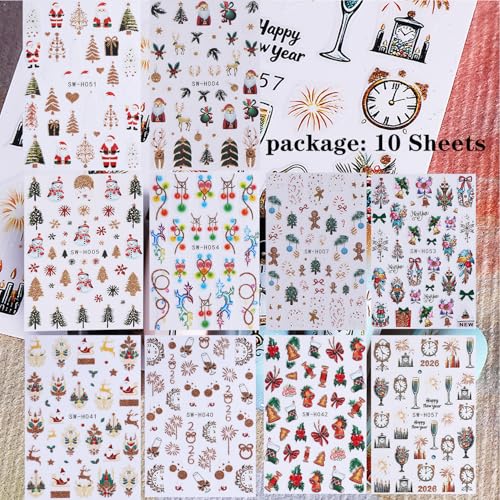 10 Sheets Christmas Nail Stickers for Nail Art,3D Self-Adhesive Nail Decals - color: Christmas