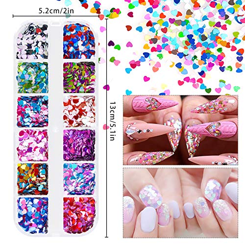 Kalolary 36 Boxes 3D Heart Nail Art Sequins Glitter, Colorful Heart Shaped Nail Glitter Sequins Acrylic Paillettes, Holographic Nail Sparkle Glitter for Valentine's Day - color: Heart