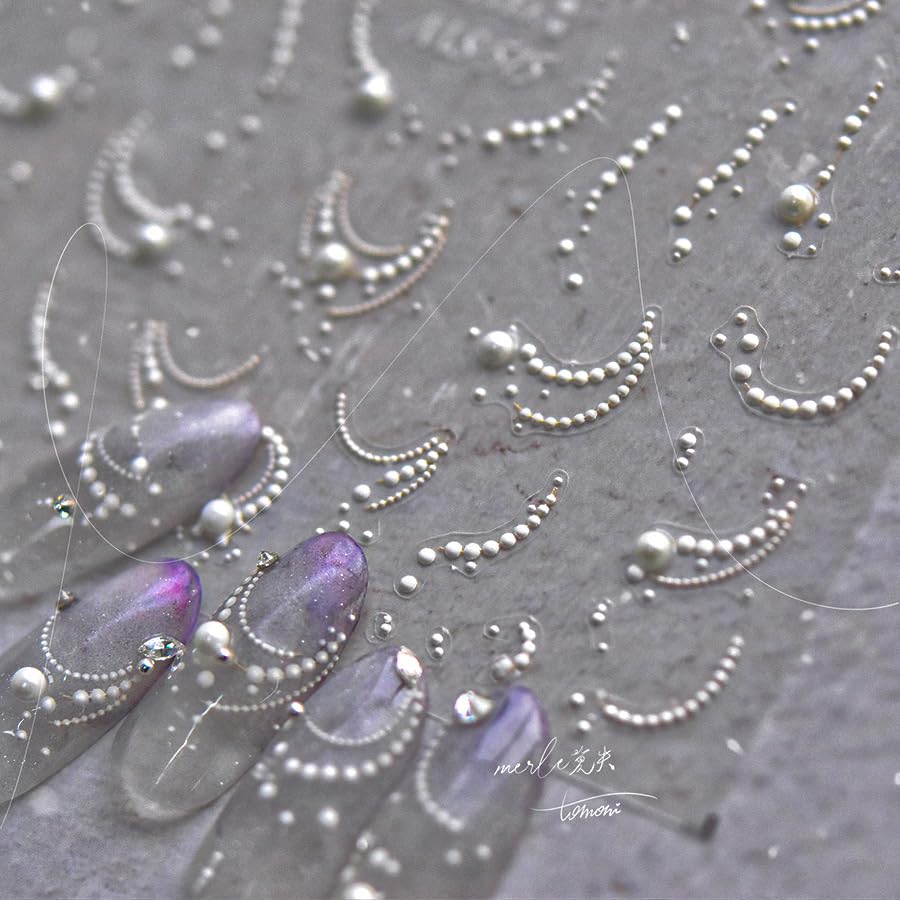 1 Sheet White French Tips Pearls Nail Art Stickers 5D Embossed Romantic Nail Stickers Line Nail Decals Design Nail Accessories French Line Manicure Supply for Women Valentines Day Nail Art Decoration - style: pearl french lines