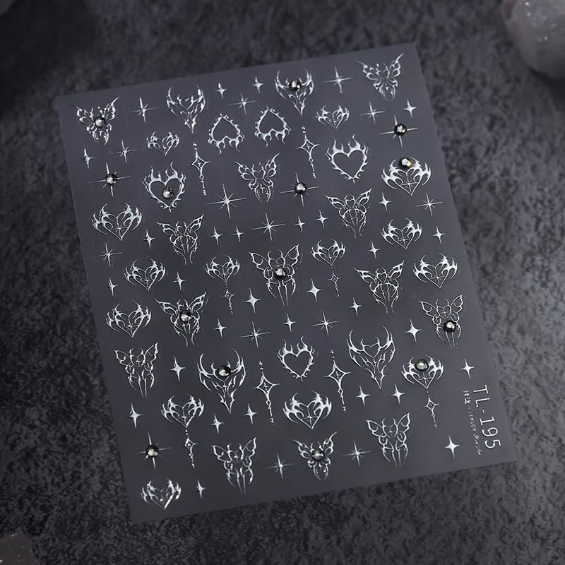 1 Sheet Silver Star Nail Art Stickers 5D Embossed Self Adhesive Heart Butterfly Nail Stickers for Nail Art Silver Nail Decals with Rhinestone Design Star Nail Supplies Manicure Decoration for Women - style: silver butterfly
