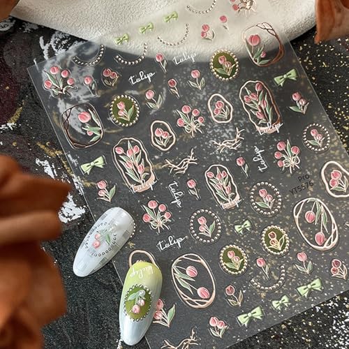 5D Embossed Nail Stickers Tulip & Bow Gold Frames Nail Art Stickers - color: Tulip & Bow Gold Frames