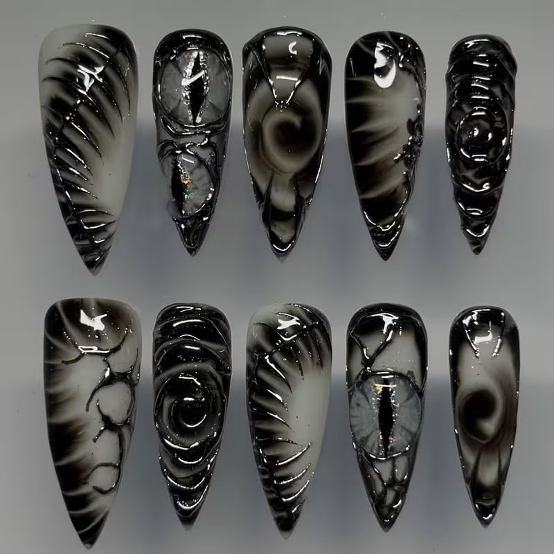 Halloween Goth Press on Nails Medium - Almond Fake Nails Horror Eyeball Black Nails Press ons,Halloween Wound Full Cover Stick on Nails Reusable Acrylic Nails for Women 24Pcs - color: Black halloween goth