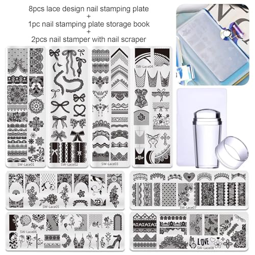 Lace Nail Stamping Plate Set - French Tip Stamp Silicone Nail Stamper Kit Bow Lace Design with Nail Stamp Plates Laser Storage Bag Nail Art Stencil Nail Supplies for Home DIY &Professional Salon - style: Lace Style