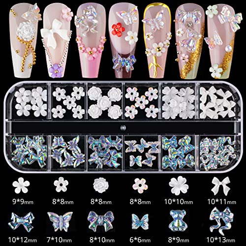 Mixed 3D Nail Art Gem Decoration Accessories Kit #1, Aurora Bear Bow Butterfly Starry AB Rhinestone Charm Jewelry for Deco, Pearl Flower Caviar Bead Stone Crystal with Dual-End Brush and Tweezer - color: 3 Boxes Nail Art Charms Kit 1