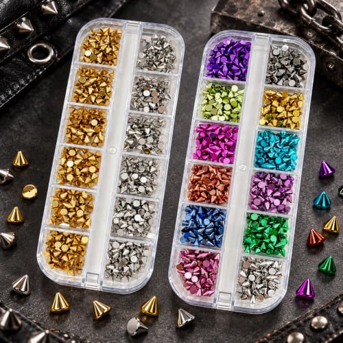 2 Boxes 24 Grids Punk Nail Charms Bottomed Pointed Cone Nail Rhinestones - color: Green