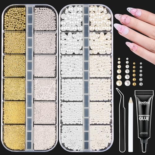 Beetles 3D Nail Charms Gold Silver Nail Beads and White Pearl with 15g - color: E - Gold White-4