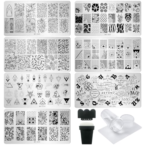 AddFavor Nail Stamping Plate Kit with Nail Stamp and Scraper, 6pcs Leaf Fruit Geometric Nail Stamper Kit for Home Salon Manicure Polish Print Stencils Design Tools - color: Color B