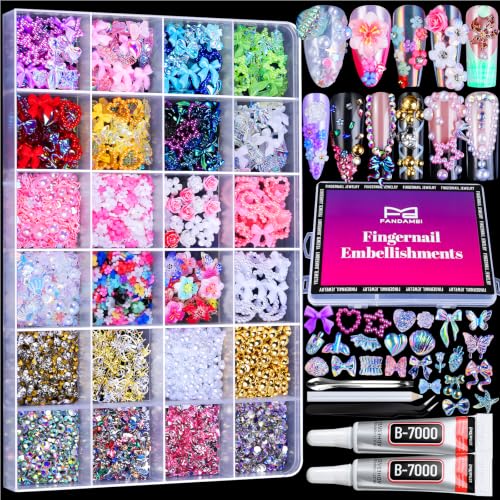 FANDAMEI 24 Grids Nail Embellishments, Fingernail Jewelry with B7000 Glue*2