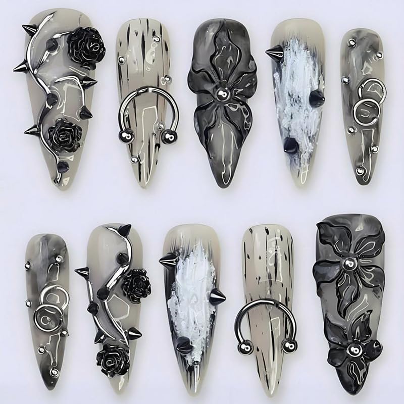24Pcs Gothic Press on Nails Long Stiletto Floral Fake Nails with 3D Black Rose Metal Piercing Spikes Beads Design Punk Style Acrylic Nails Y2K Almond False Nails Goth Flower Glue on Nail for Women - color: style06