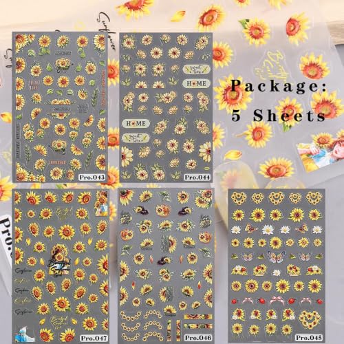 5 Sheets SunflowerNail Stickers for Nail Art, 5D Self-Adhesive Nail Decals - color: Sunflower