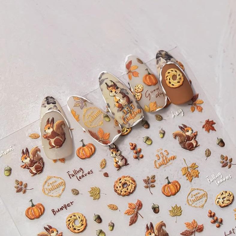 Fall Nail Art Stickers 5D Embossed Leaves Nail Sticker Autumn Squirrel Pine Cones Fallen Leaves Design Nail Decals Maple Leaf Manicure Stickers Accessories for Women DIY Nail Art Decorations - style: Squirrel Pine Cones