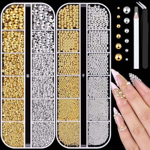 1-3MM Small Nail Beads and Flatback Pearls for Nails Silver Gold Charms - color: 11 Small Nail Beads and Pearls (Gold and Silver)