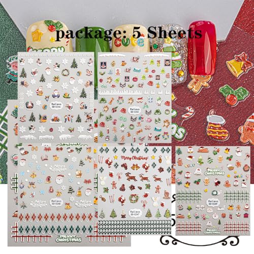 5 Sheets Christmas Nail Stickers for Nail Art, 5D Self-Adhesive Nail Decals - color: Christmas Sda