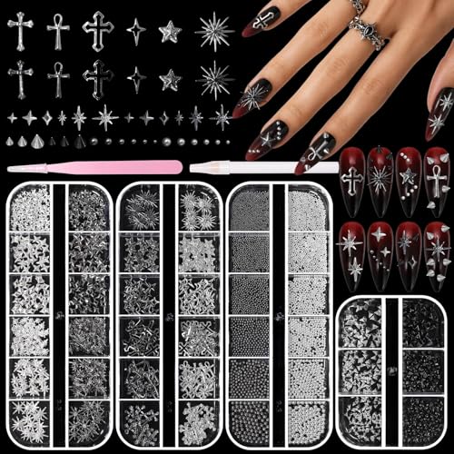 Punk Gothic Nail Art Studs, Black Silver Caviar Beads & Spike Nail Charms - color: S3