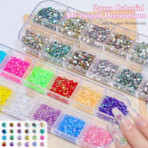 6 Boxes 1-2mm Mini Resin Rhinestones for Bedazzling Kit with Half Pearls - color: Laser AB - 1-2mm