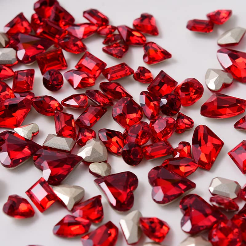 48 Pcs Big Mix Sizes Different Shape Nail Rhinestones 12 Styles 3D Glass Crystals Diamonds Love Distorts Heart Super Shiny Charms Gems Stones DIY Nail Art Decoration Craft Jewelry (Red) - color: Red