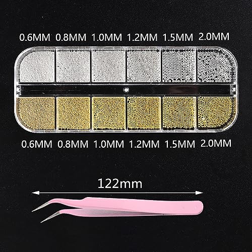 3D Mixed Sizes Nail Art Studs Gold Silver Mini Metal Caviar Nails Beads - color: Gold & Silver Mini + Tweezers