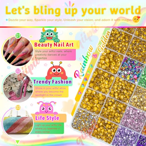 qiipii 28 Grids Golden Yellow 2-6mm Resin Rhinestones w B7000 Glue for Bedazzling Crafting Colorful Flatback Stones Diamonds Crystals Gems Bedazzler Kit for Nails Face Eyes Makeup Tumblers DIY Crafts - color: Golden, size: Crystal
