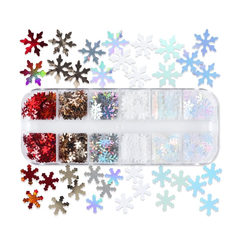1 Box 12 Color Holographic Snowflake Nail Glitter Laser Ombre White Nail Sequins 3D Red Nail Flakes Sparkly Glitter Flakes Shiny Nail Art Glitter Winter Christmas Nail Sequins Glitter for Nails Art - color: YHN03