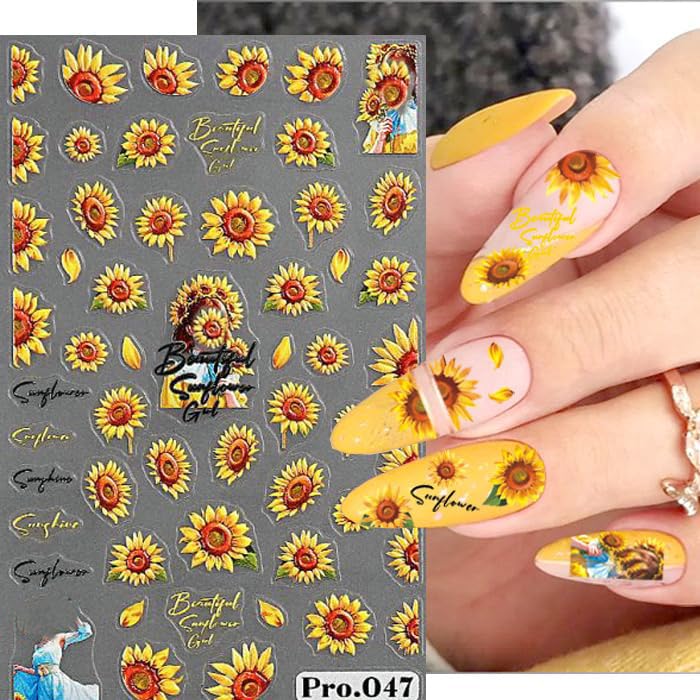 5 Sheets SunflowerNail Stickers for Nail Art, 5D Self-Adhesive Nail Decals - color: Sunflower