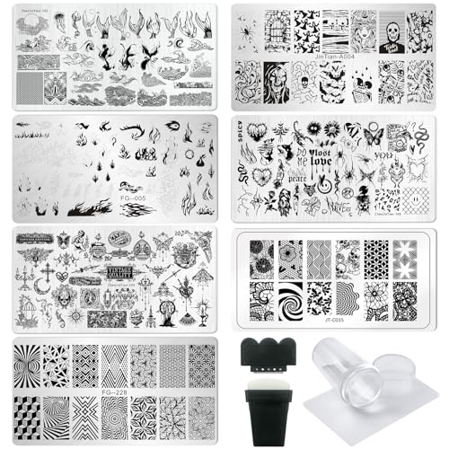 AddFavor Nail Stamping Plate Kit with Nail Stamp and Scraper, 6pcs Fire Skull Nail Stamper Kit for Home Salon Manicure Polish Print Stencils Design Tools - color: Color D