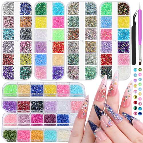 6 Boxes 2mm Nail Art Rhinestones for Bedazzling Kit, Mixed-Color Small Jelly Clear AB Rhinestones Decoration Flatback Pearls Nail Accessories with Tweezers and Brush for Nails DIY Tumblers Face Makeup - color: Mixed-Color - 2mm