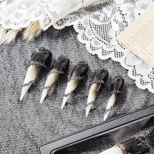 10Pcs Handmade Claw Press on Nails,Long Cats Claw 3D Chain Fake Nails with Black White Gradient Designs Gothic Thick Acrylic Nails Press Ons Glossy Stick on Nails for Women Girls (Size L) - color: Style 01, size: Long