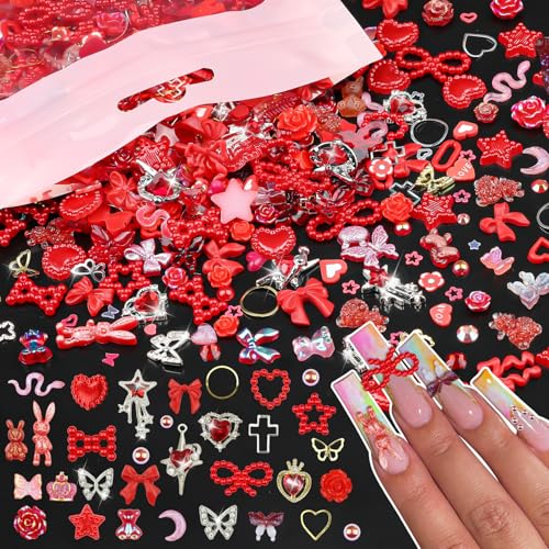 650PCS Cute 3D Resin Nail Charms and Gems Red Flower Bow Butterfly Charms - color: Red