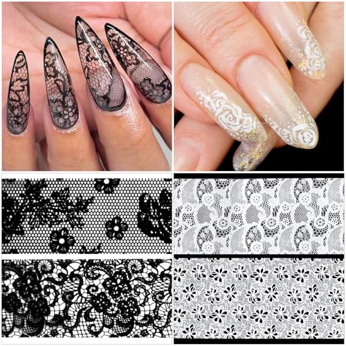 SmallCat 20 Pcs Lace Nails Stickers, 7.87×0.98 Inch, Black White - color: Black, White, (20×2.3cm), Style 2