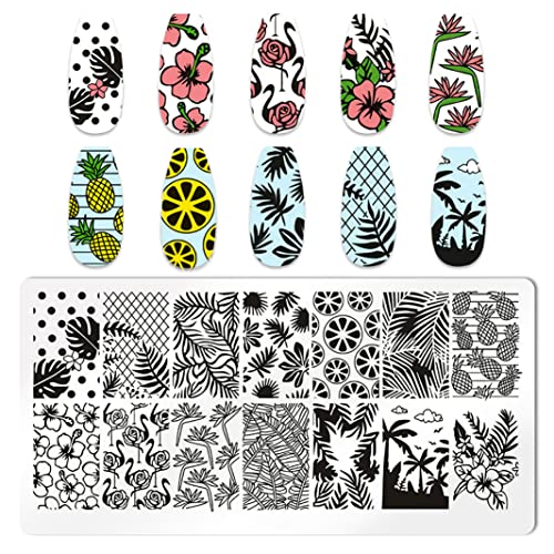 6pcs Seaside Scenery Nail Stamping Plate Nail Stamping Kit for Nails Summer Beach Coconut Trees Sunset Waves Sea Animals Image Plates Nail Stamper Kit - color: Seaside Scenery Nail Stamping Plate