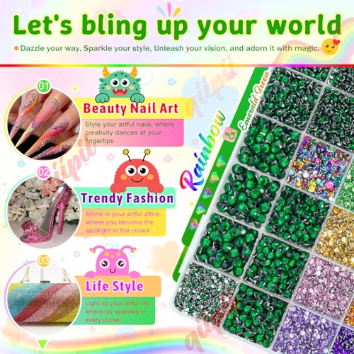 qiipii 28 Grids Emerald Green 2-6mm Resin Rhinestones w B7000 Glue for Bedazzling Crafting Colorful Flatback Stones Diamonds Crystals Gems Bedazzler Kit for Nails Face Eyes Makeup Tumblers DIY Crafts - color: Emerald Green, size: Crystal