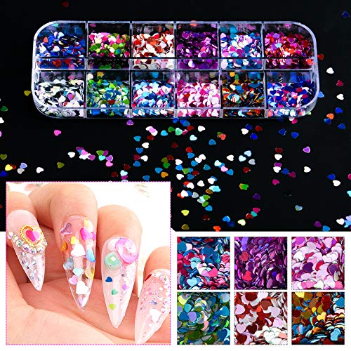 Kalolary 36 Boxes 3D Heart Nail Art Sequins Glitter, Colorful Heart Shaped Nail Glitter Sequins Acrylic Paillettes, Holographic Nail Sparkle Glitter for Valentine's Day - color: Heart